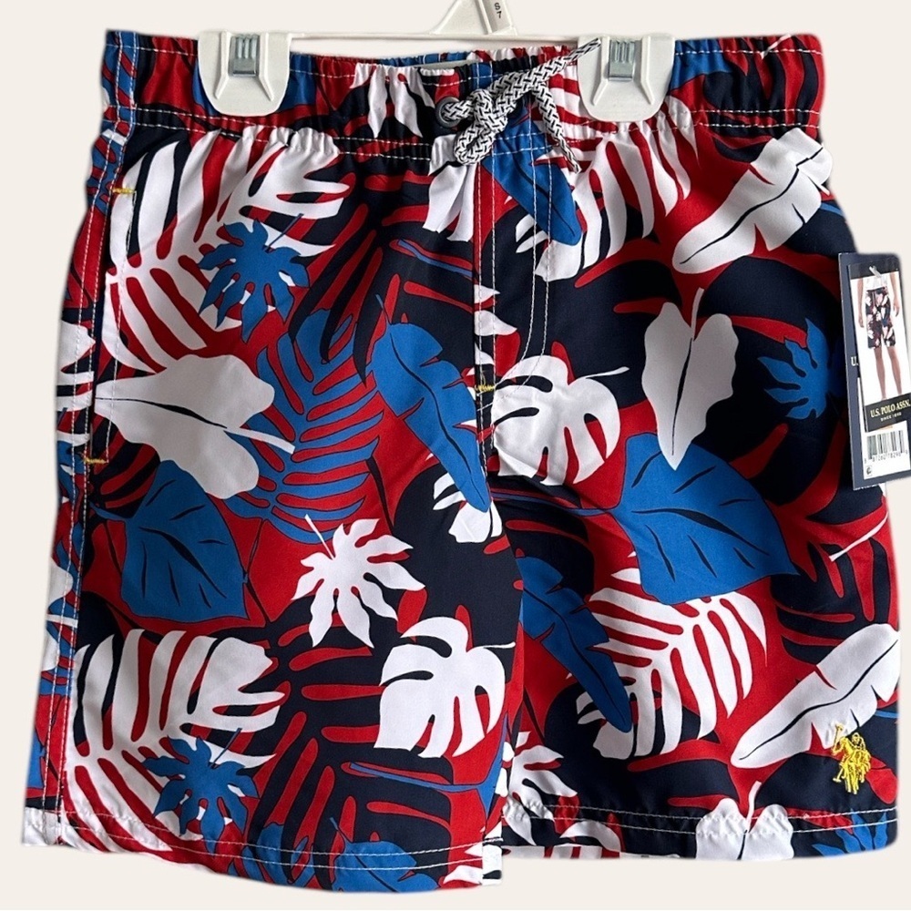 New US Polo Assn Boys Tropical Swim Trunks Size Medium Red White Blue